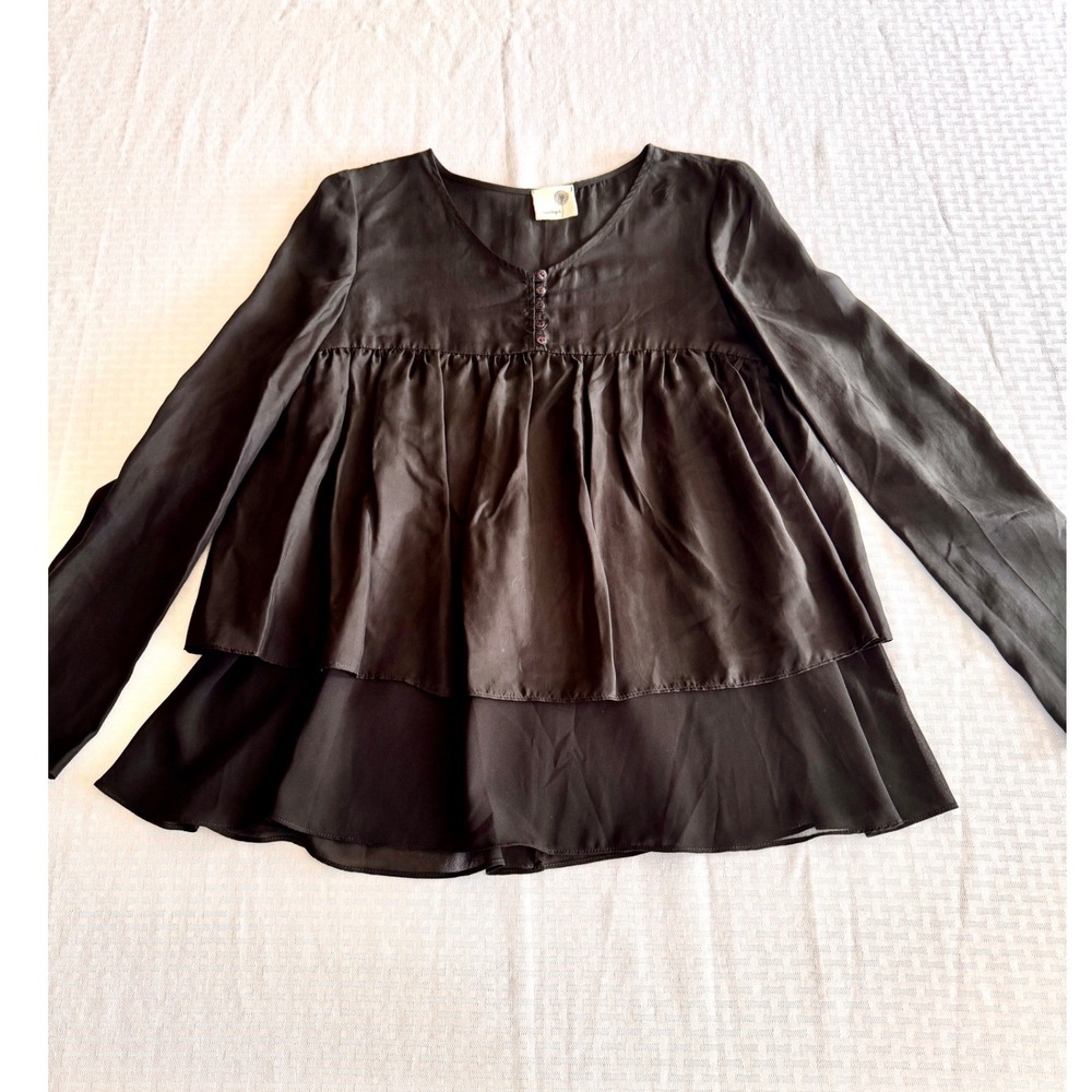Everleigh Black Babydoll Tiered Blouse Long Sleeve V-Neck Peplum Top Small